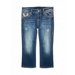 Vigoss The Chelsea Capri Jeans Women's Size 7 Blue Embellished Lace Y2K 2 button